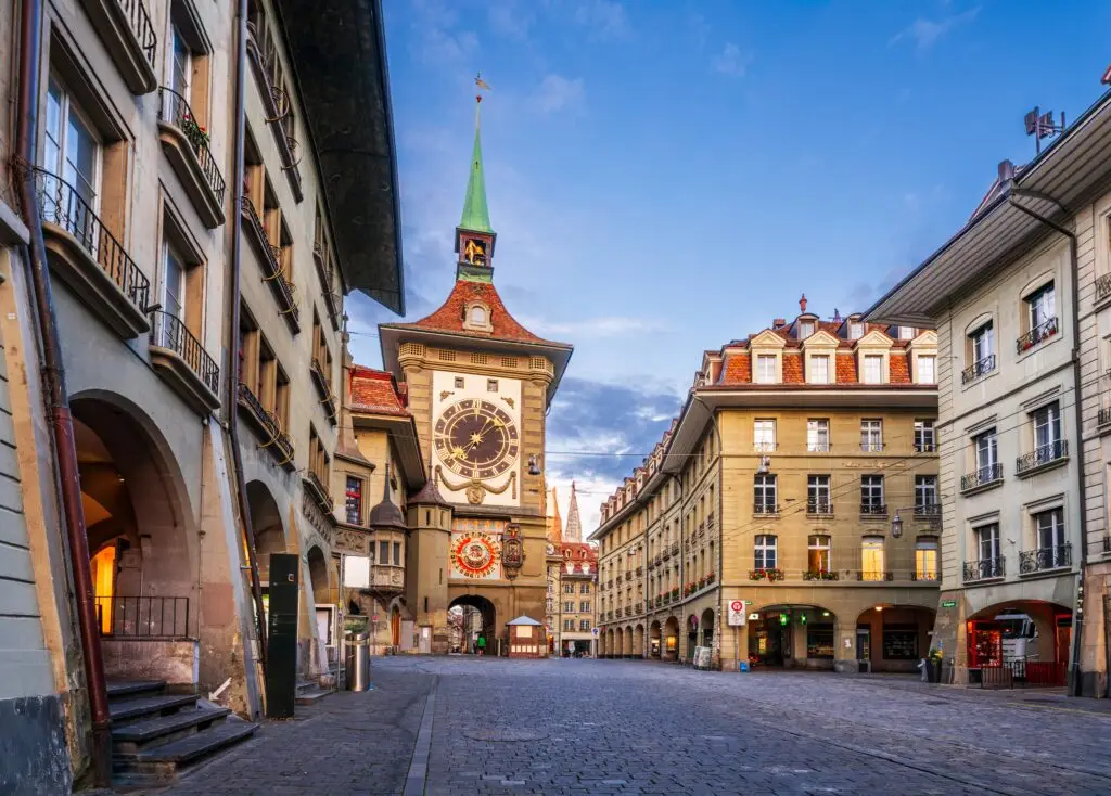 Historic Zytglogge Clock Tower in Bern Old Town, Switzerland, a popular UNESCO World Heritage Site and tourist attraction
