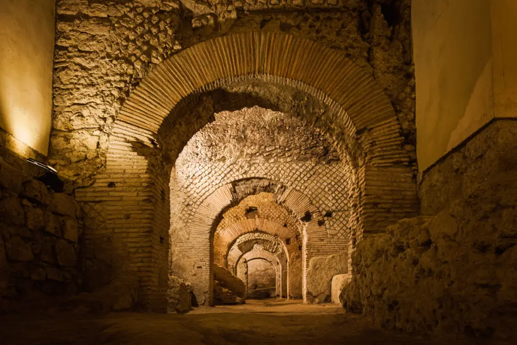 Naples underground archaeological ruins at San Lorenzo Maggiore, ancient Roman Macellum market in Naples, Italy