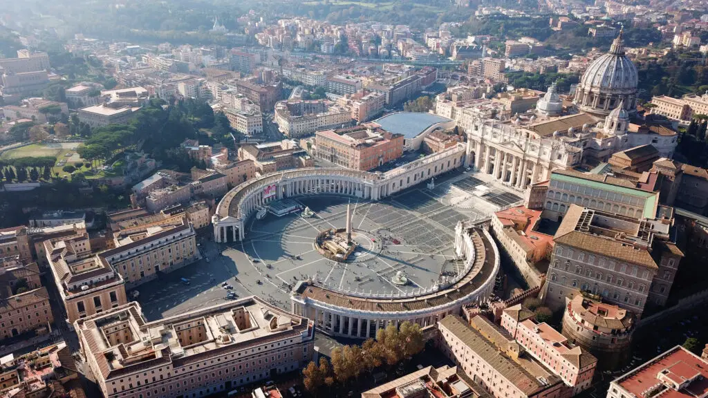 Aerial drone view of Saint Peter's Square and St. Peter's Basilica in Vatican City, Rome, Italy