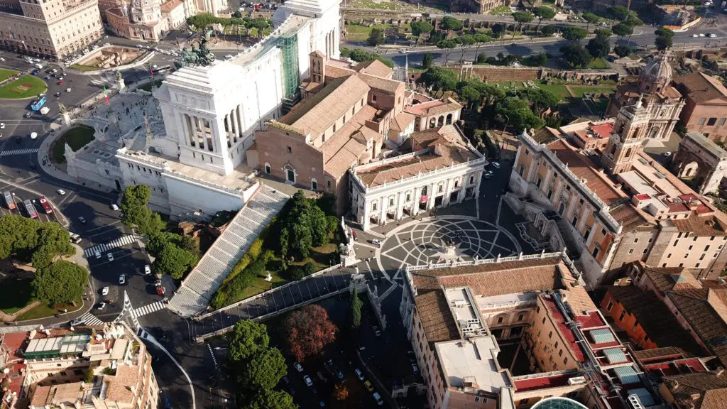 Aerial drone view of Capitoline Hill and Piazza del Campidoglio in Rome, Italy, near the Altare della Patria and Roman Forum