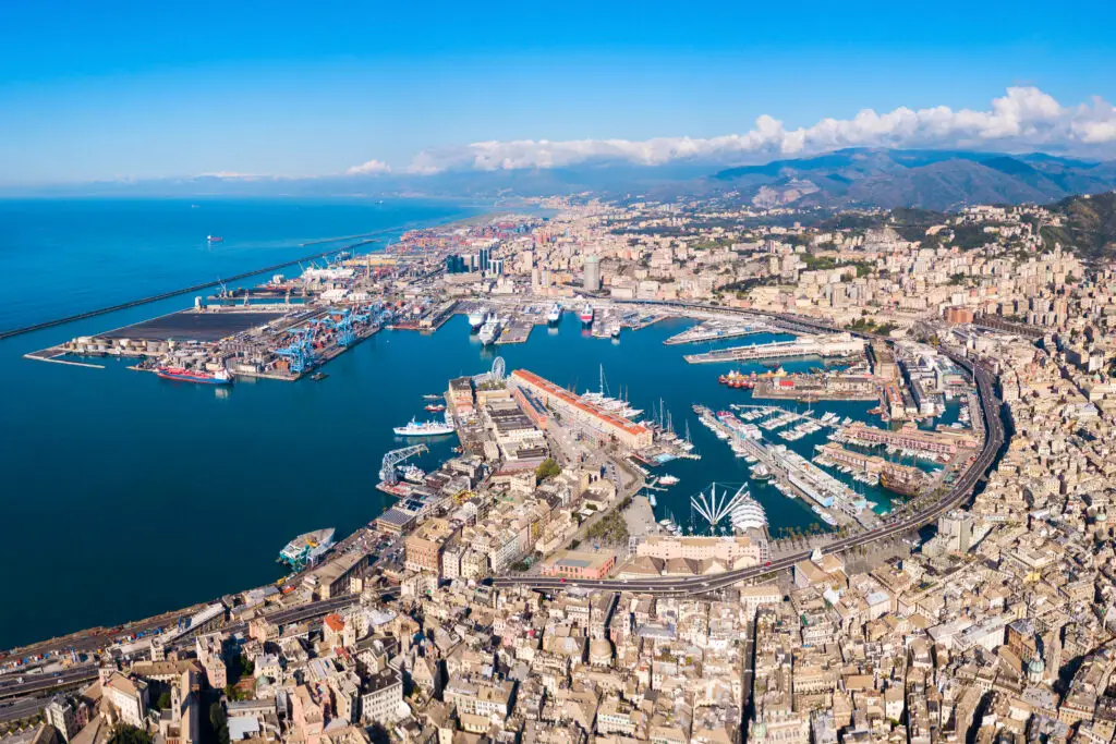 Aerial panoramic view of Genoa port and historic city on the Ligurian coast of Italy
