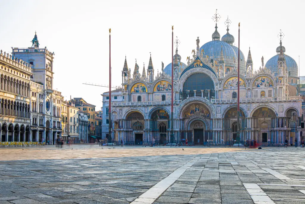 Saint Mark’s Basilica in Piazza San Marco, Venice, Italy with ornate domes and mosaics at sunrise