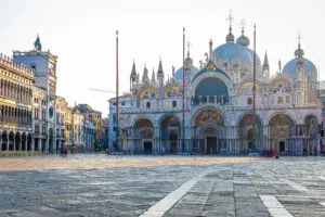 Saint Mark’s Basilica in Piazza San Marco, Venice, Italy with ornate domes and mosaics at sunrise
