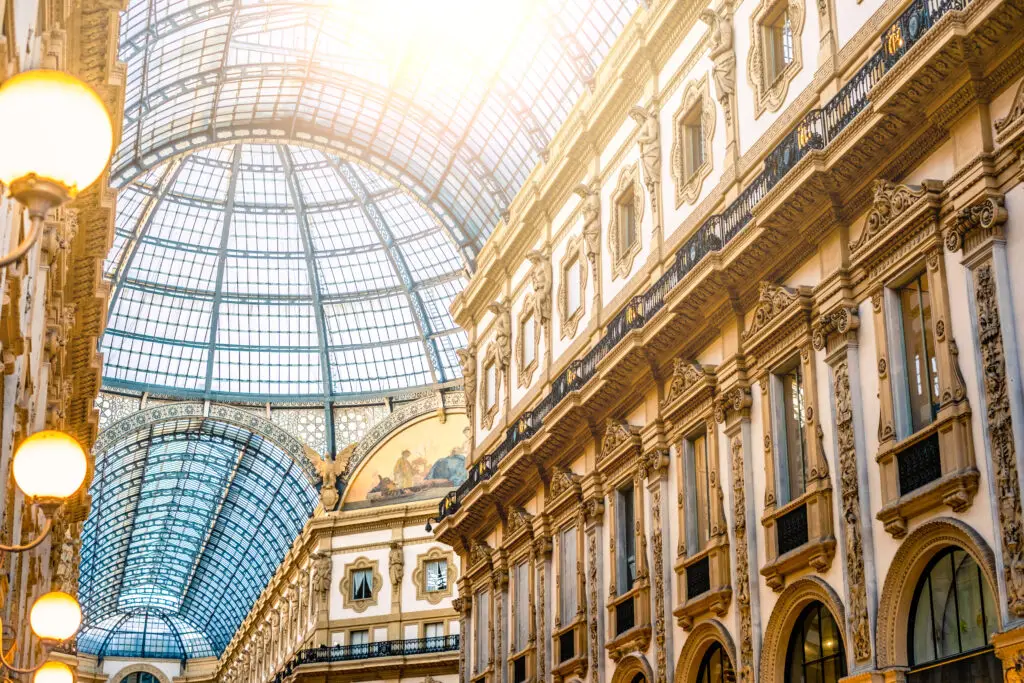 Galleria Vittorio Emanuele II glass dome and ornate architecture in Milan, Italy for a private Italy tour