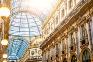 Galleria Vittorio Emanuele II glass dome and ornate architecture in Milan, Italy for a private Italy tour