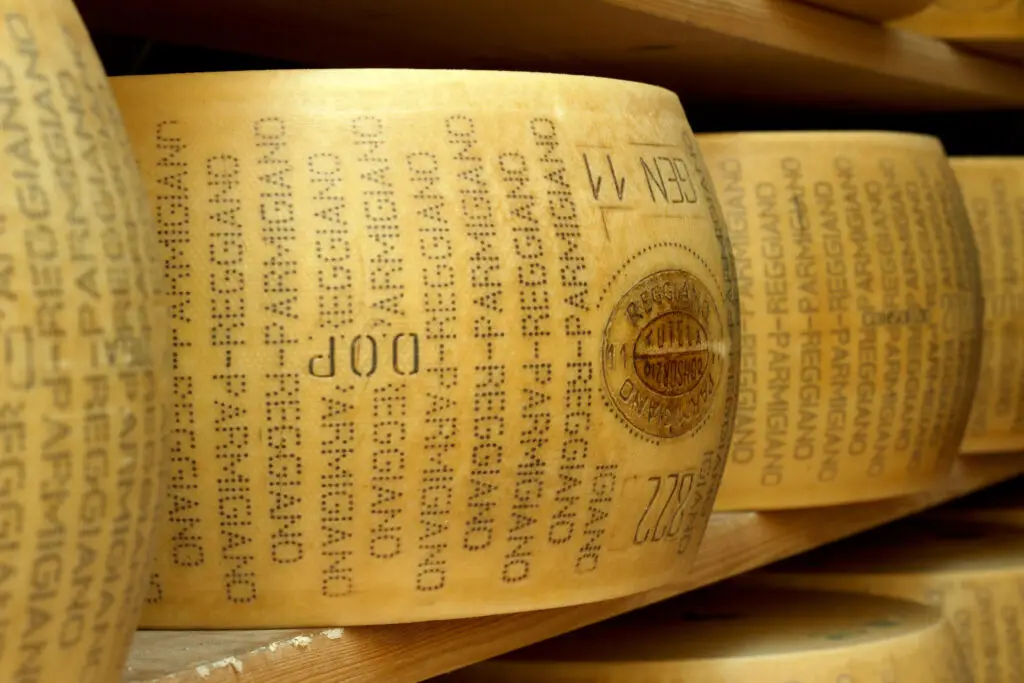 Close-up of Parmigiano Reggiano hard cheese wheels aging on wooden shelves in Italy