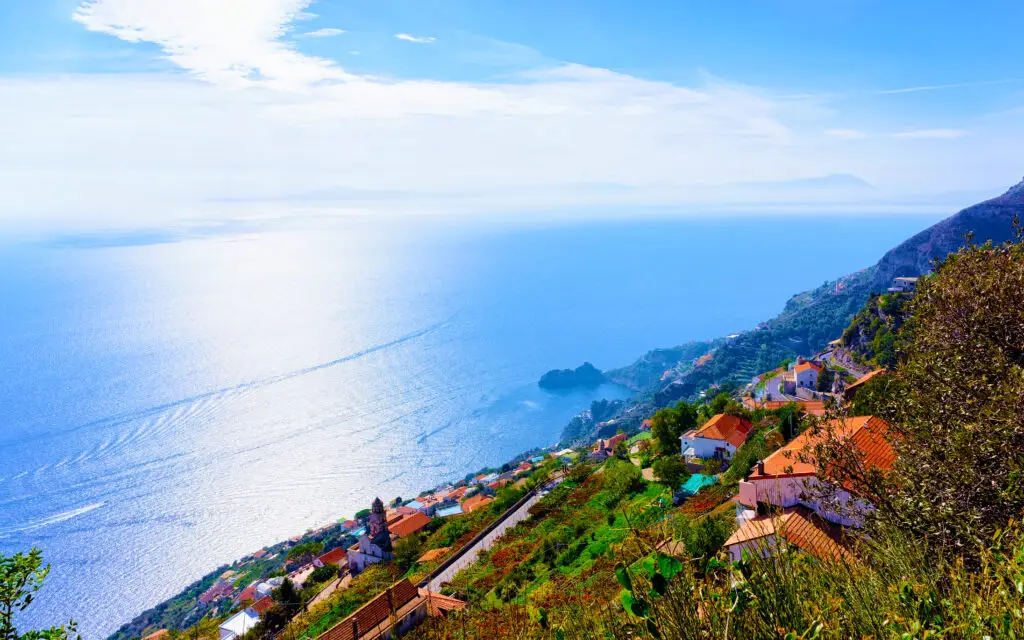 Scenic view from Path of the Gods near Agerola village overlooking the Amalfi Coast in Italy
