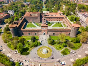 Aerial panoramic view of Sforza Castle and gardens in Milan, Italy