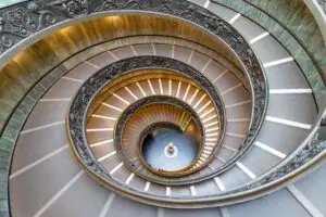 Ornate spiral exit staircase inside the Vatican Museums in Vatican City, Italy