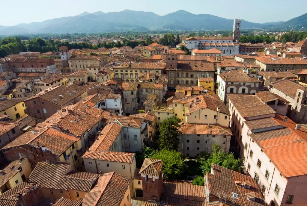 Panoramic view of Lucca from Torre Guinigi with terracotta rooftops and Tuscan hills in Tuscany, Italy