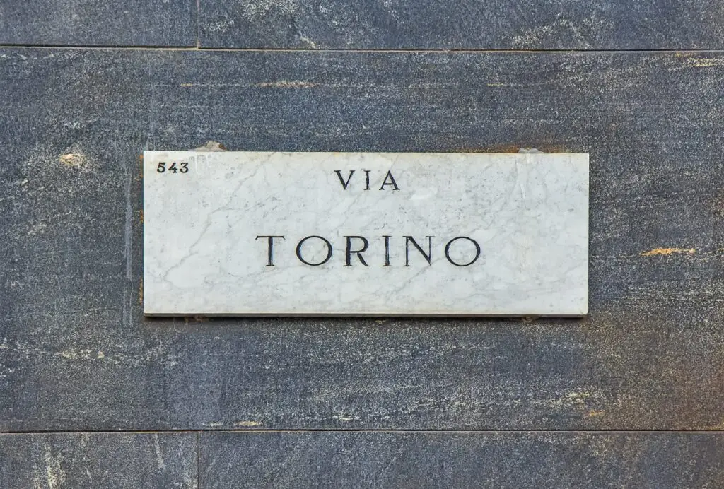 Via Torino street sign on a wall in Milan, Italy
