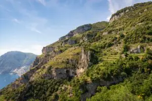 Scenic mountain trail and terraced cliffs overlooking the Amalfi Coast in Italy