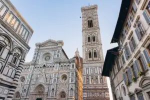 Florence Cathedral complex with Duomo facade and Giotto’s Bell Tower in Florence, Italy
