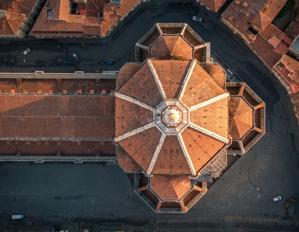 Aerial top-down view of Florence Duomo roof and Piazza del Duomo in Florence, Italy
