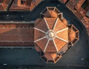 Aerial top-down view of Florence Duomo roof and Piazza del Duomo in Florence, Italy