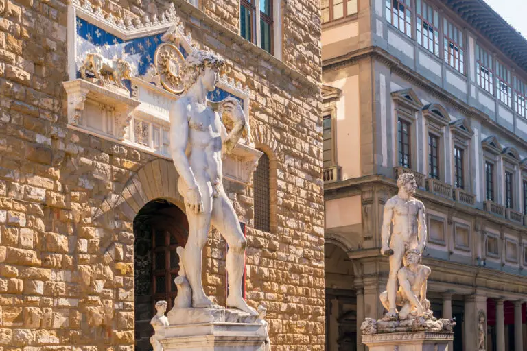 Renaissance sculptures outside Palazzo Vecchio in Piazza della Signoria, Florence, Italy