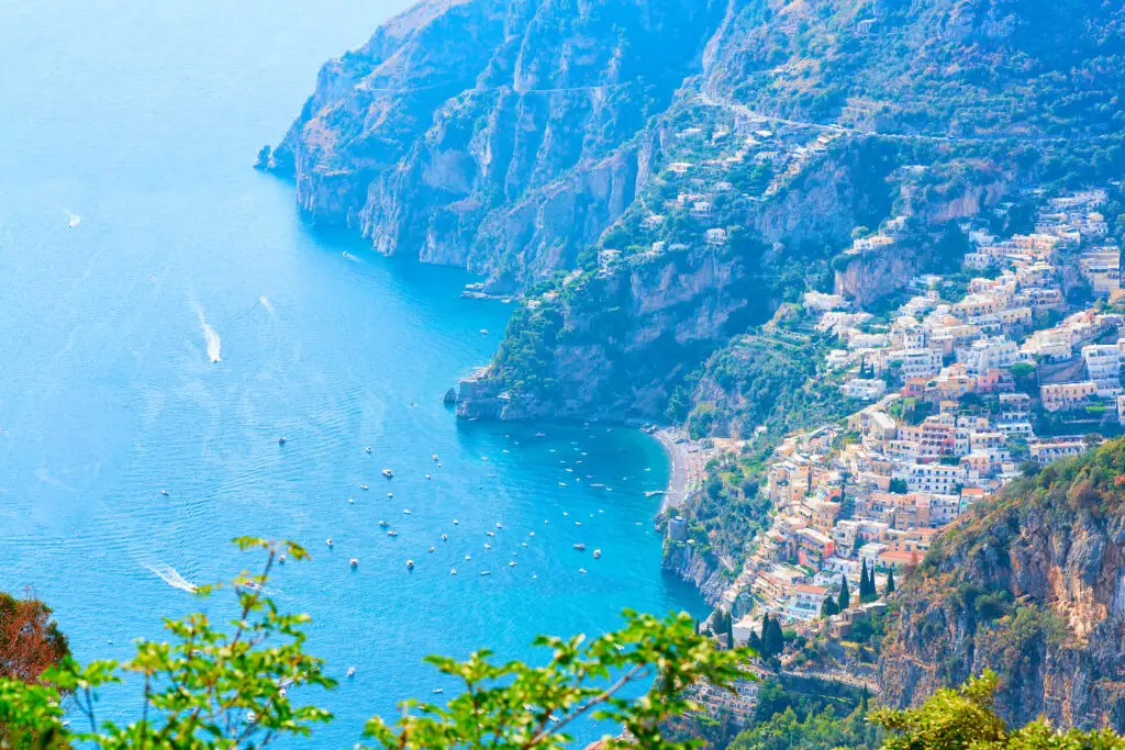 View from Path of the Gods over Positano and the Tyrrhenian Sea on the Amalfi Coast, Italy